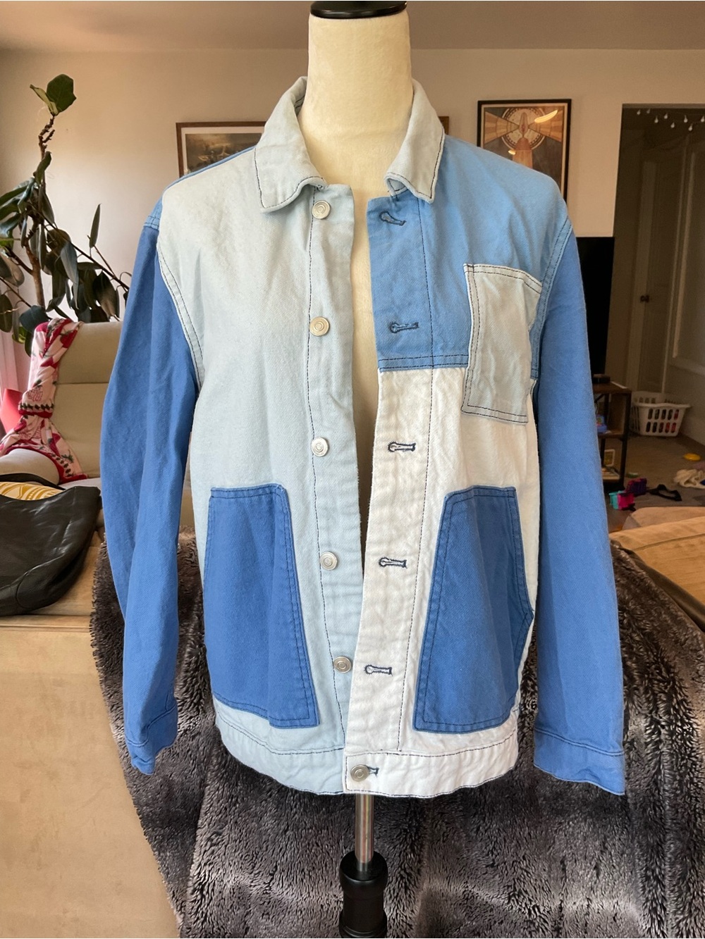 🩵Zara Multi-Tone Blue Patchwork Colorblock Denim Jacket Large